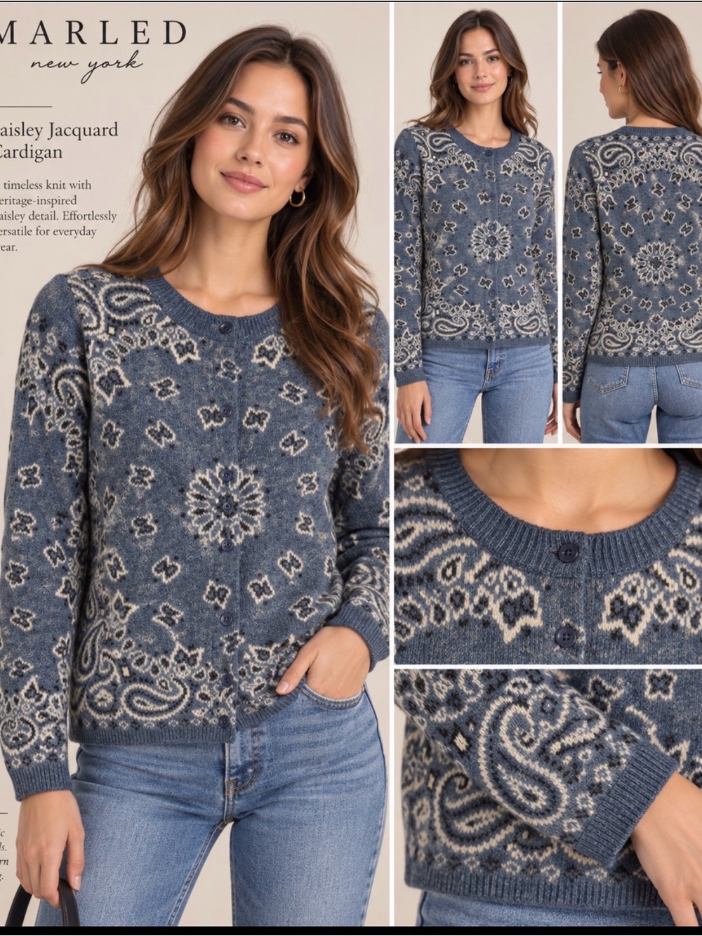 Blue Paisley Jacquard Sweater Cardigan